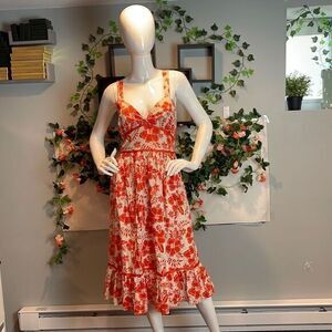 Guess Vintage Floral Sundress 100% Cotton Retro‎ Style A-line Size L RefJ017